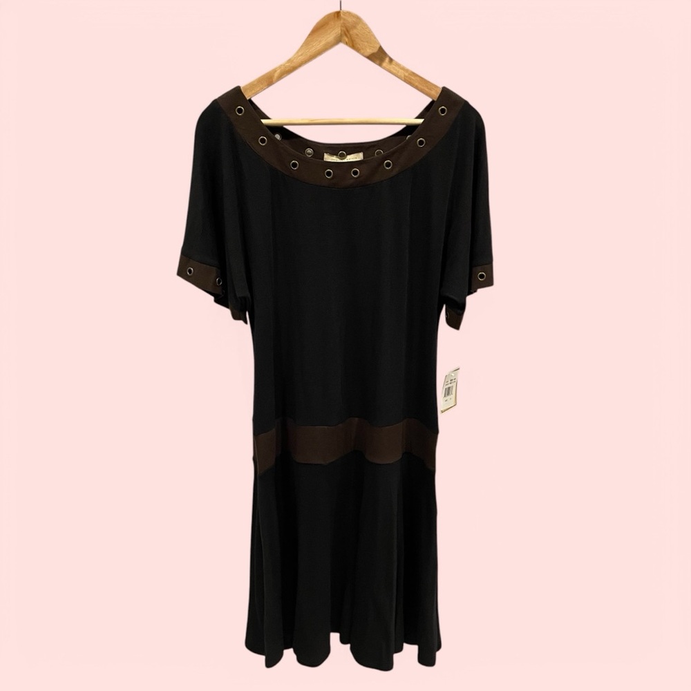 Y2K NWT flowy drop waist grommet hole trim short sleeve mini dress black brown